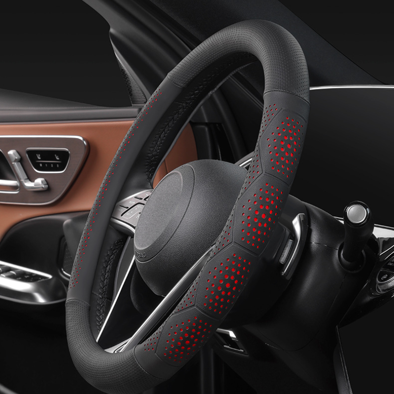 Ultra-Thin Breathable Genuine Leather Steering Wheel Cover with Anti-Slip Grip