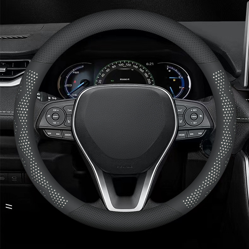 Ultra-Thin Breathable Genuine Leather Steering Wheel Cover with Anti-Slip Grip