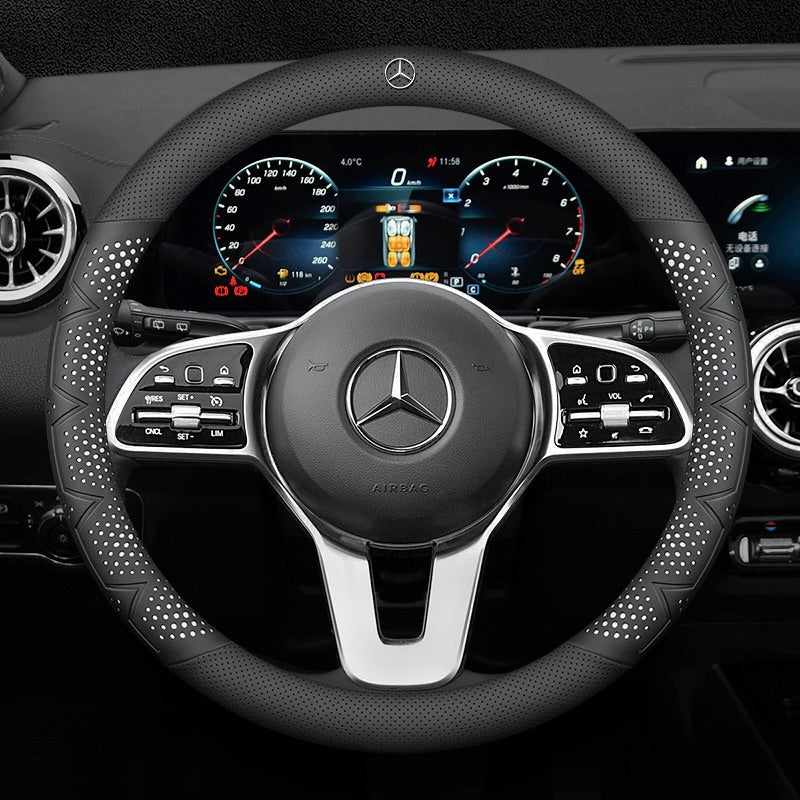 Ultra-Thin Breathable Genuine Leather Steering Wheel Cover with Anti-Slip Grip