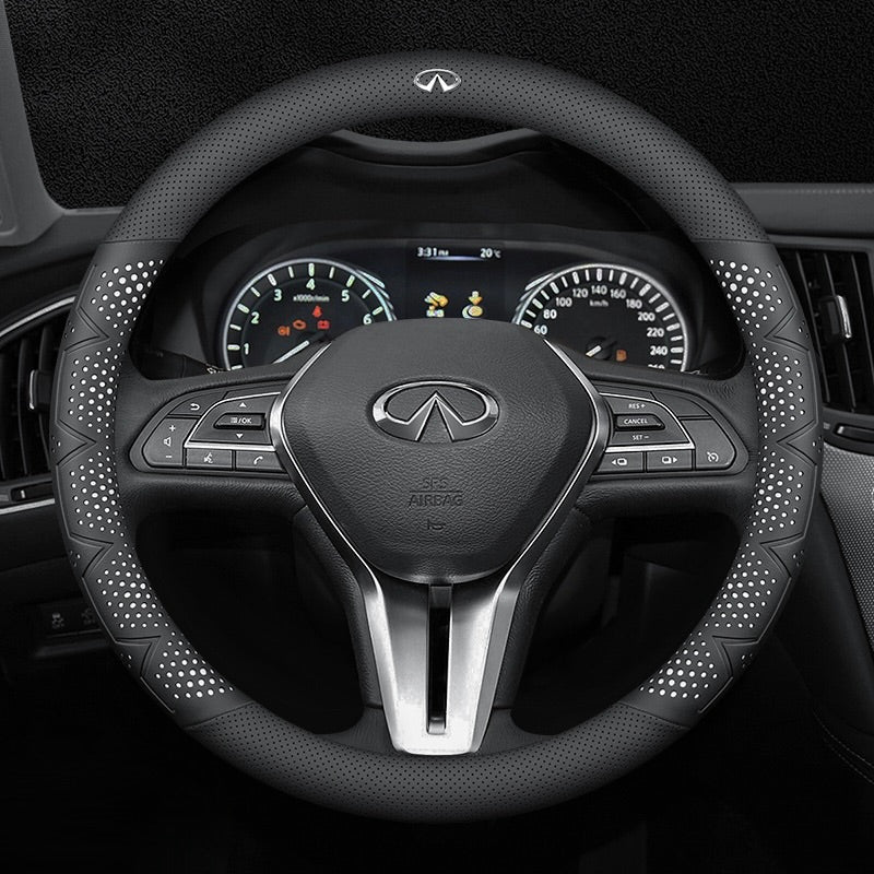 Ultra-Thin Breathable Genuine Leather Steering Wheel Cover with Anti-Slip Grip